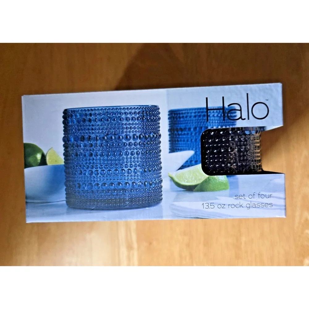 Halo Blue Hobnail 13.5 oz Rocks Glasses Set of 4 Cocktail Whiskey NIB
